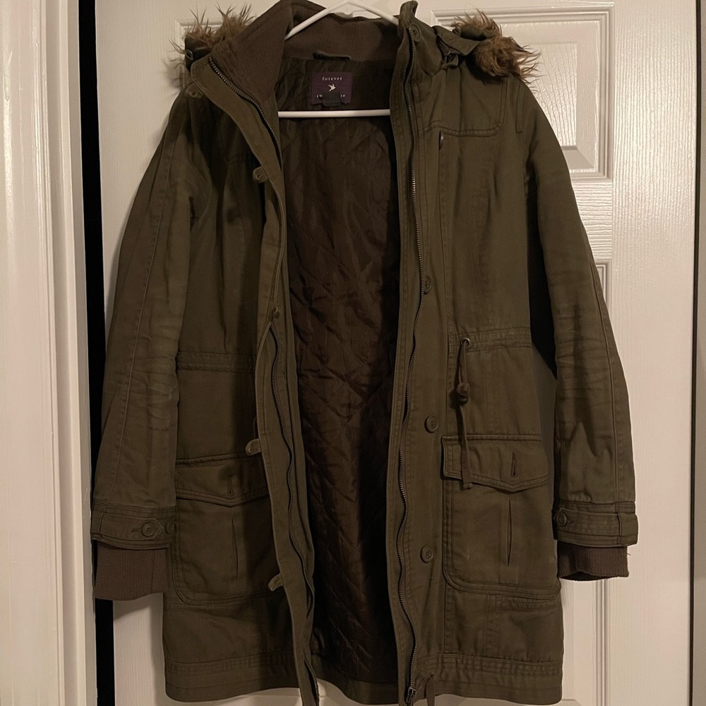 Forever 21. Size small, mid thigh length jacket.